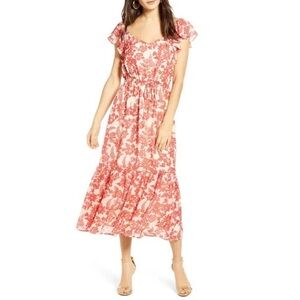 ALL IN FAVOR Red Floral Tie Waist Midi Dress